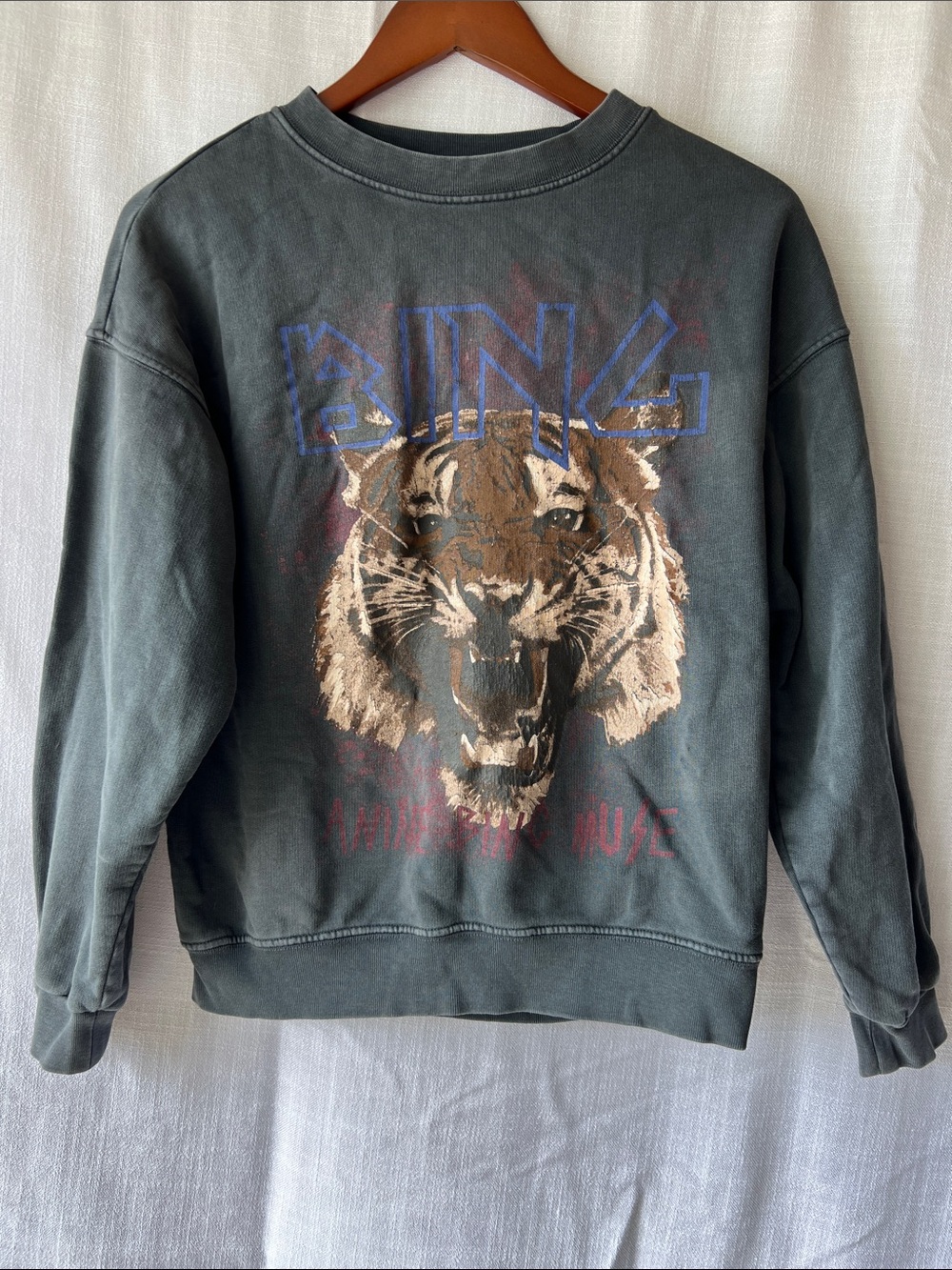 Anine Bing Charcoal Crewneck Sweatshirt with Tiger Graphic